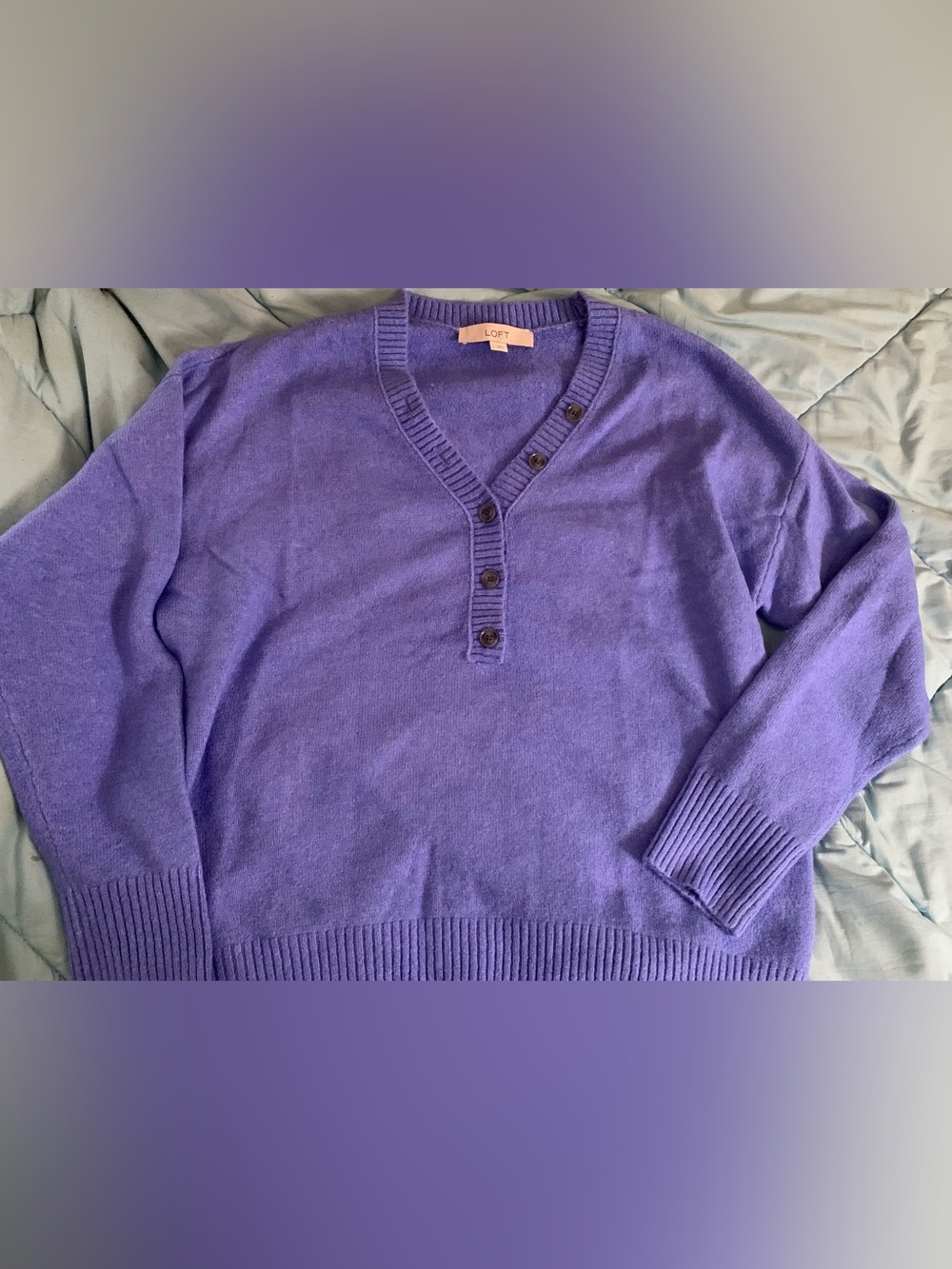 LOFT V-Neck Button Pullover in Purple